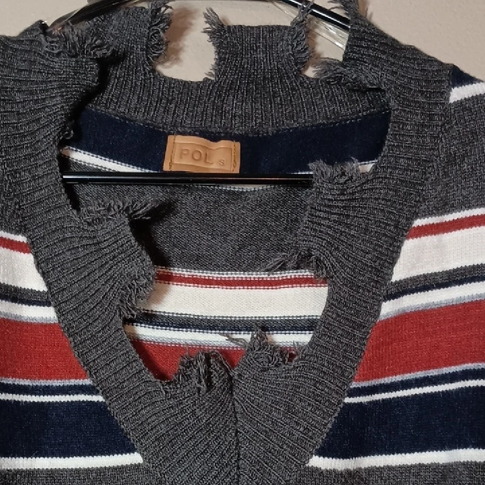 POL Distressed Gray Striped Sweater